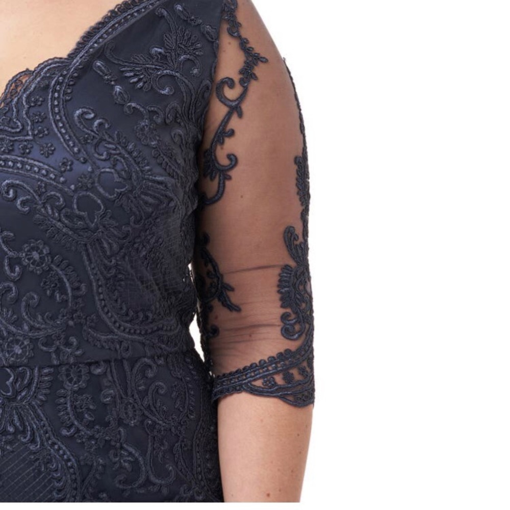 NWT JS Collection Scallop V Neck Embroidered Mesh Gown Size 16W - Picture 3 of 10